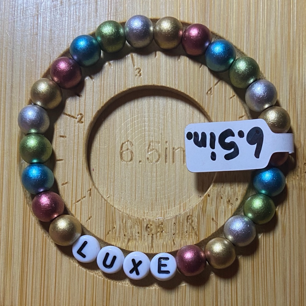 Matte Metallic Multicolor Beaded Bracelet With 'Luxe' Charm ~ 6.5in.